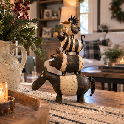 Four Friends Folk Art Stack™ – Rustic Stacked Animal Sculpture for Farmhouse Home Decor