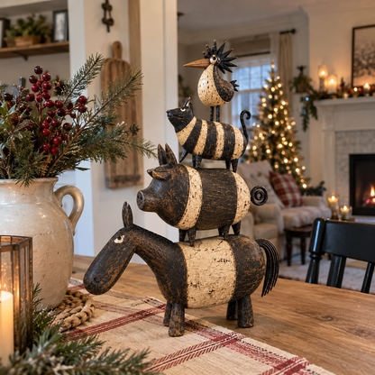 Four Friends Folk Art Stack™ – Rustic Stacked Animal Sculpture for Farmhouse Home Decor
