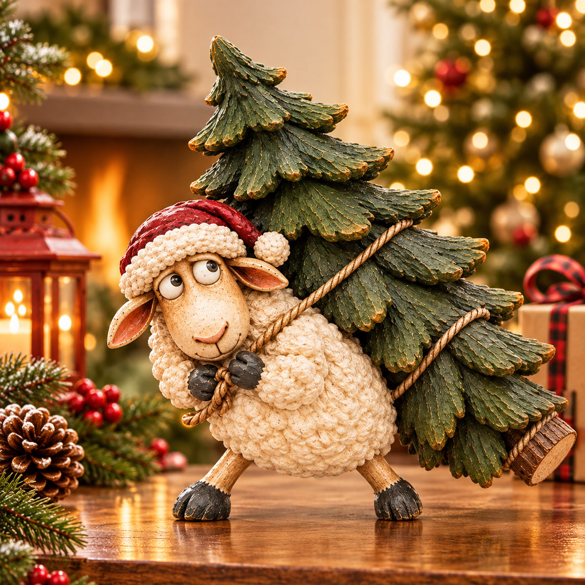 Christmas sheep decoration shown in someone