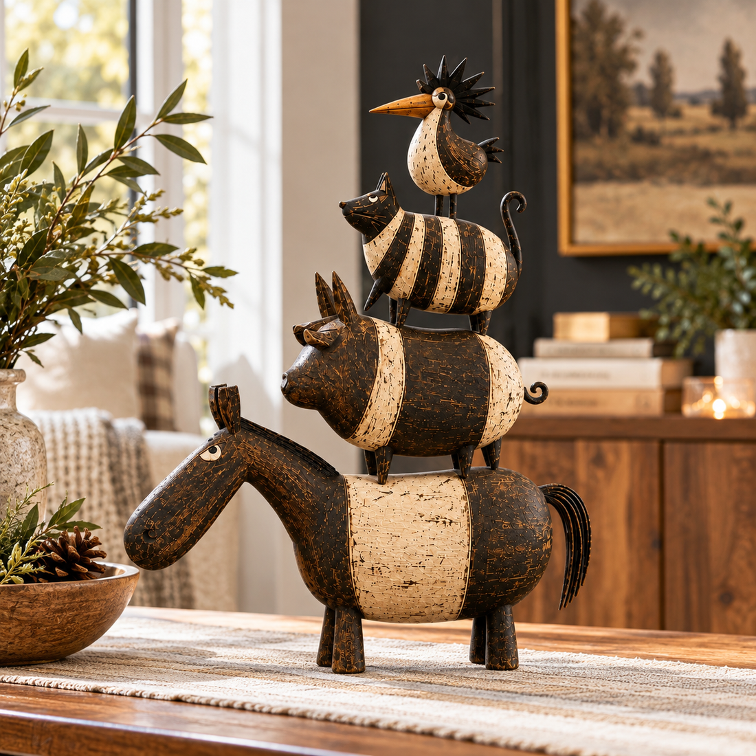 Animal folk art displayed in cozy home