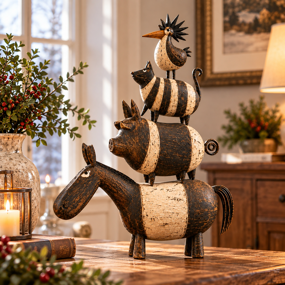 Four Friends Folk Art Stack™ – Rustic Stacked Animal Sculpture for Farmhouse Home Decor