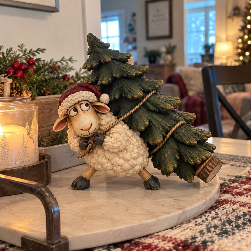 Sheep figurine styled on an everyday home console