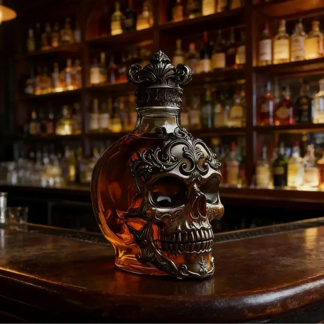 💀 Vintage Gothic Skull Whiskey Decanter 🎁| Ornate Baroque Liquor Bottle