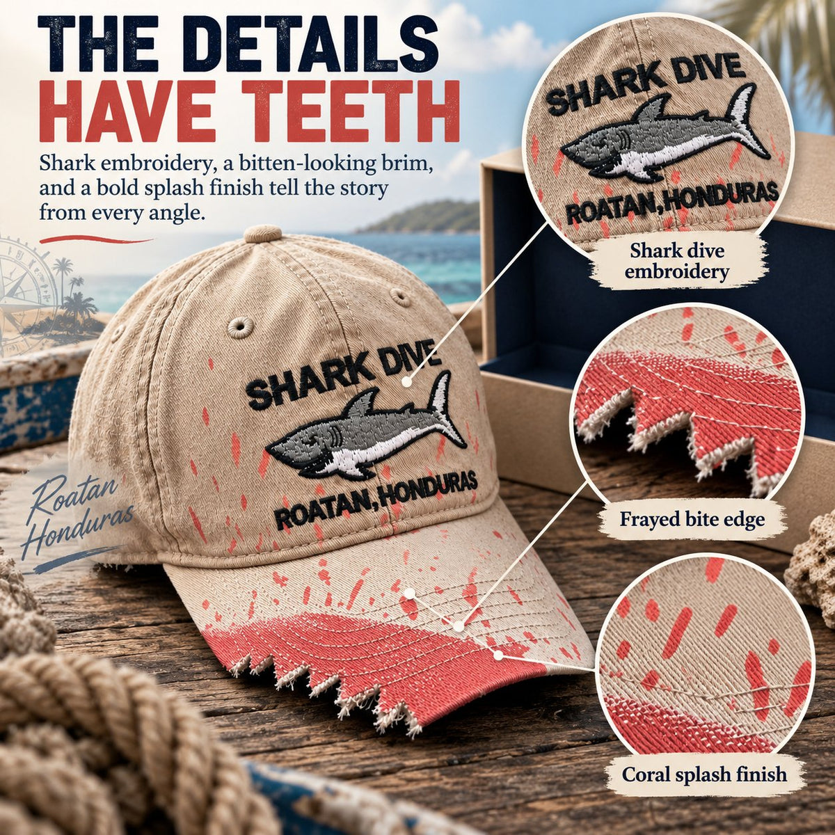🦈 Shark Bite Baseball Cap | Embroidered Shark • Bite-Shaped Frayed Brim