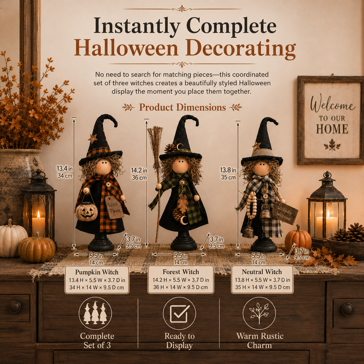 Rustic Halloween Witch Trio, Set of 3 – Primitive Farmhouse Tabletop Décor