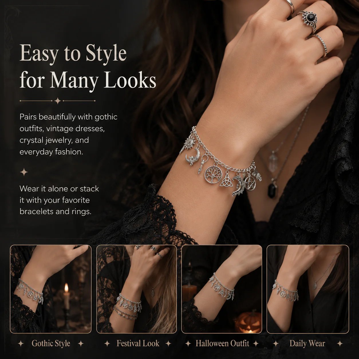 🌙Vintage Witchy Charm Bracelet | Celestial Gothic Boho Jewelry for Women