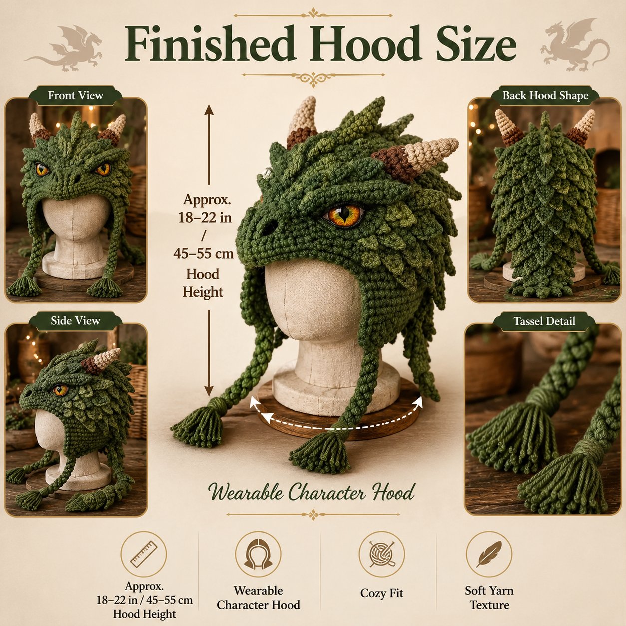 🐉🧶 Fantasy Hood Hat DIY Crochet Kit – Stitch Your Own Magical Character