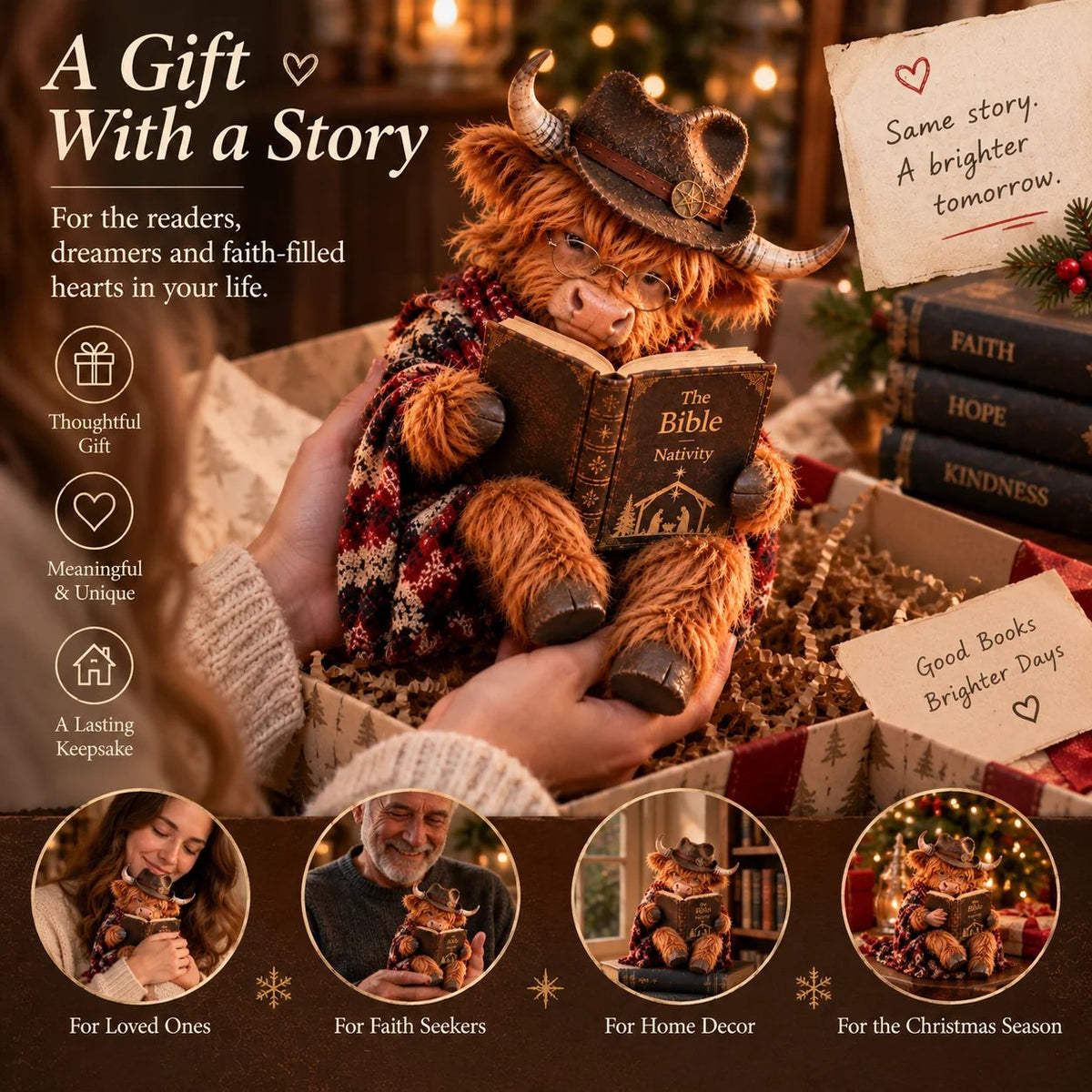 Highland Cow Bible Nativity Figurine | Bookish Christmas Faith Décor for Shelves, Desks & Meaningful Gifts 🎄