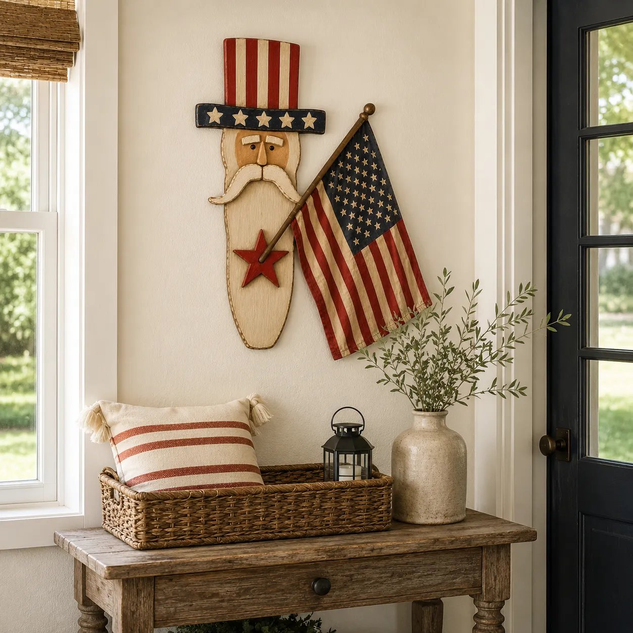Vintage Uncle Sam Patriotic Wall Hanging with Flag