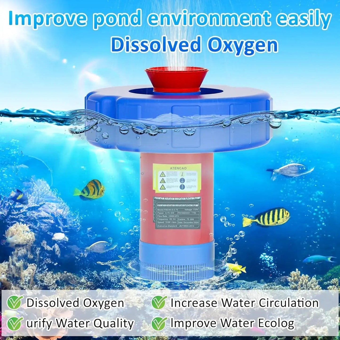 1 HP High-Performance Floating Pond Fountain Aerator – 15,000 GPH Automatic Aeration System for Large Ponds & Lakes