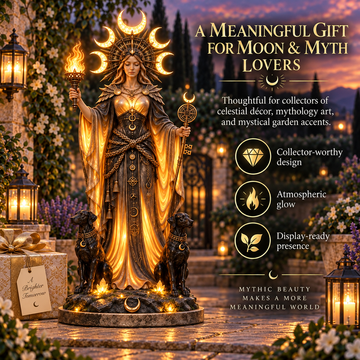 🌙🔥 Hecate Goddess Guardian Statue | Lighted Triple Moon Goddess with Twin Hounds, Torch & Key🎁