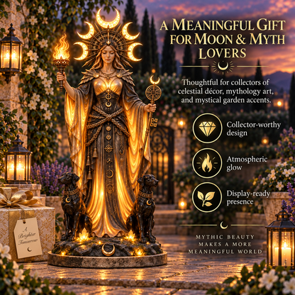 🌙🔥 Hecate Goddess Guardian Statue | Lighted Triple Moon Goddess with Twin Hounds, Torch & Key🎁
