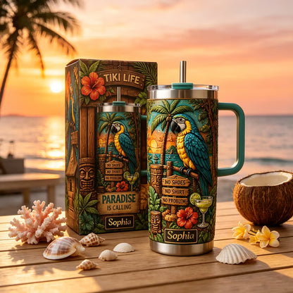 🦜 Personalized Tiki Life Tropical Parrot Beach Handle Tumbler