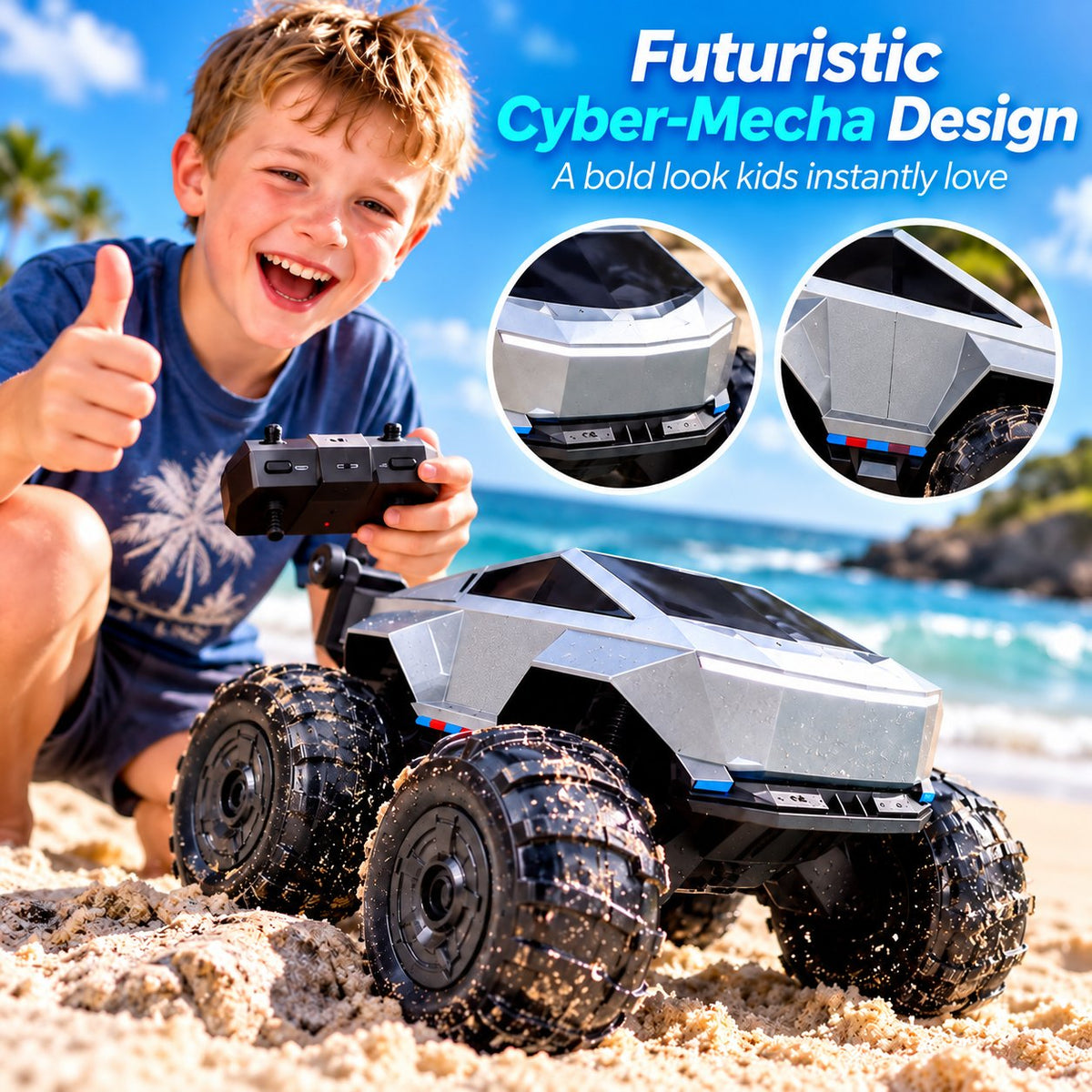 Cyberpunk Mecha Amphibious RC Stunt Car for Kids Outdoor Play, Pool & Beach Entertainment, Holiday Gift