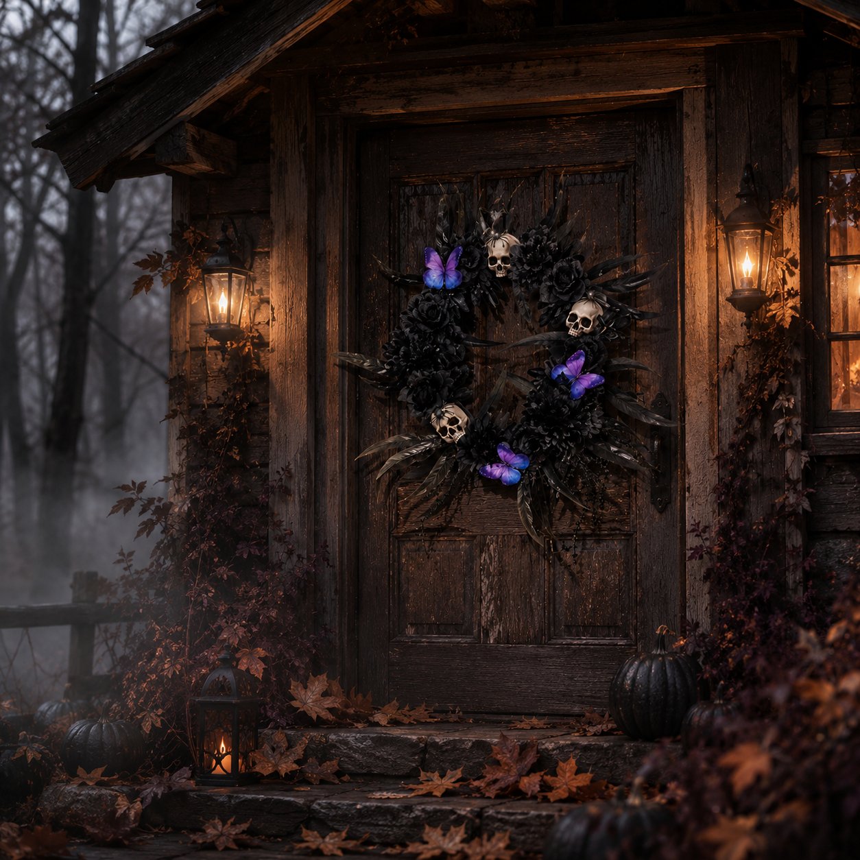 Gothic Wreath with Black Roses & Butterflies, Elegant Decor for Halloween Entryway