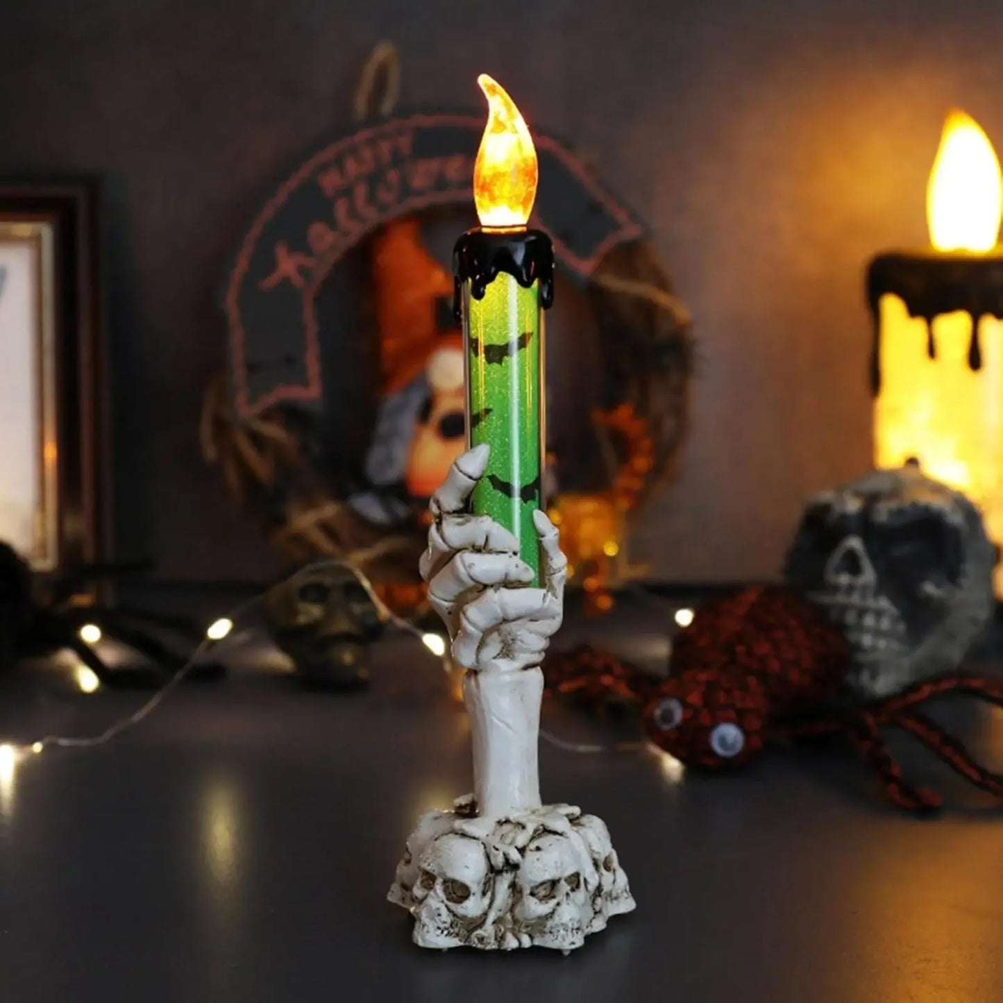 💀 Halloween Skeleton Hand LED Candle Decor, Resin Ghost Hand Electronic Flameless Candle Ornament