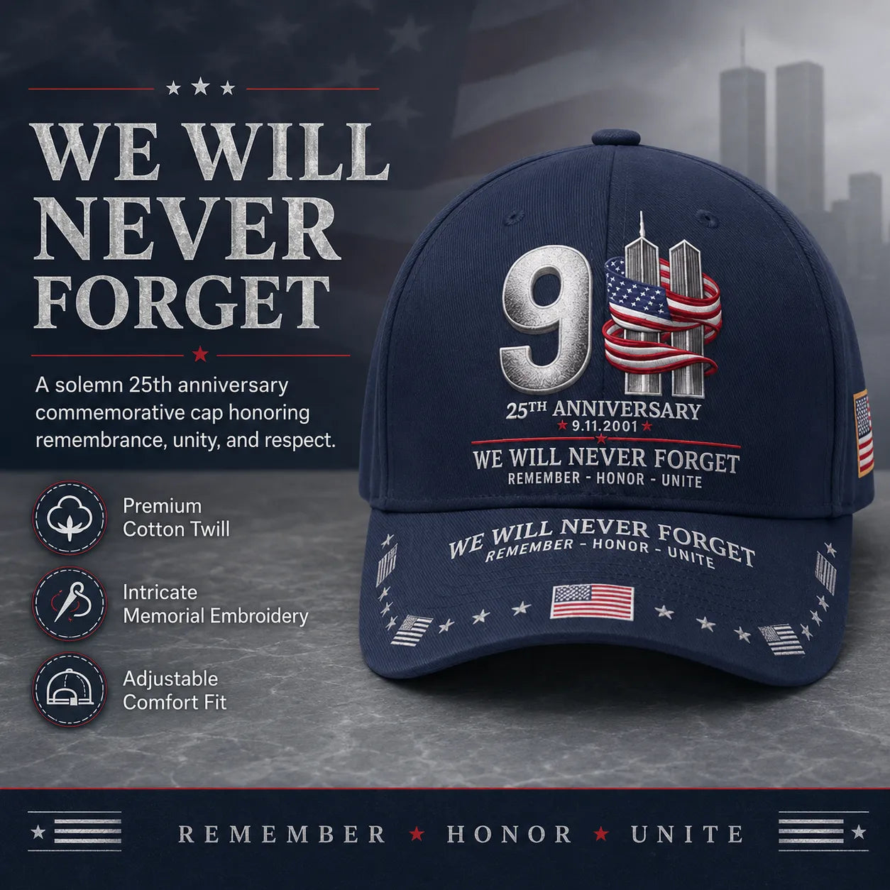 9/11 25th Anniversary We Will Never Forget Embroidered Memorial Baseball Cap – Unisex Patriotic Memorial Hat🧢 100% Cotton