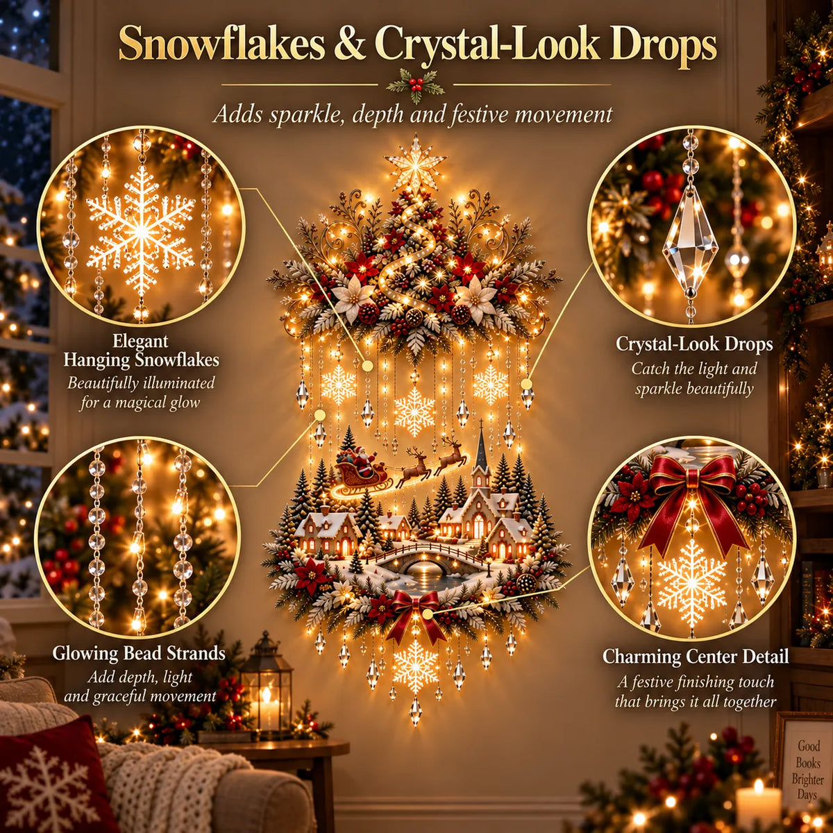 🎄✨ Christmas Village Starfall Wall Display – Warm Light Tree & Snowy Holiday Scene