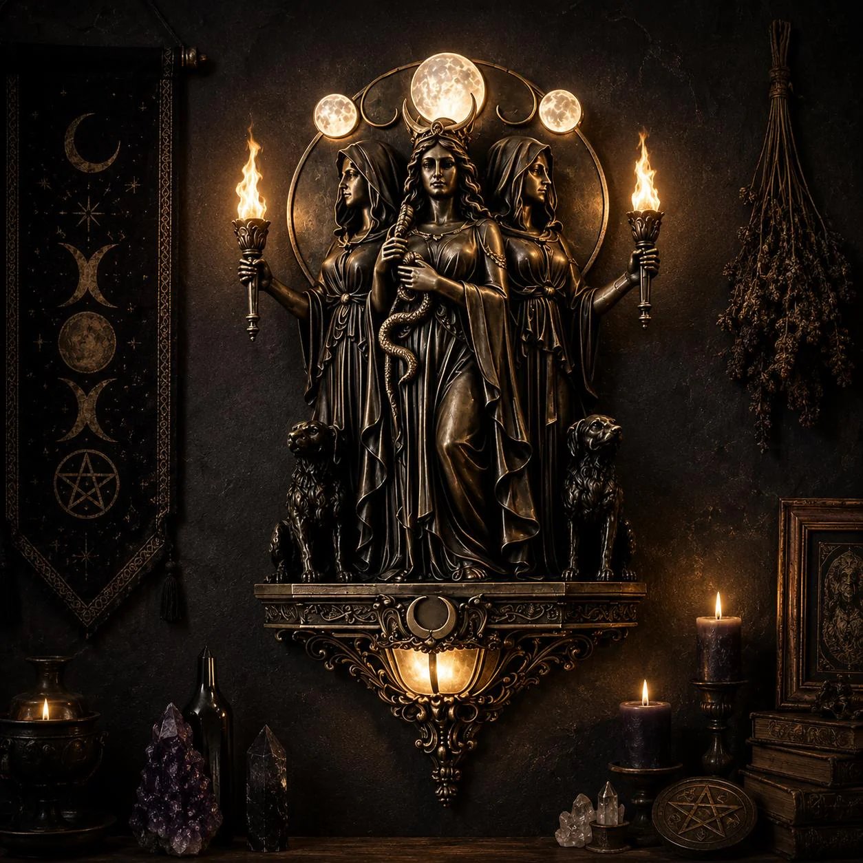 Triple Goddess Hecate LED Wall Sconce – Wiccan Witchy Torch Wall Light