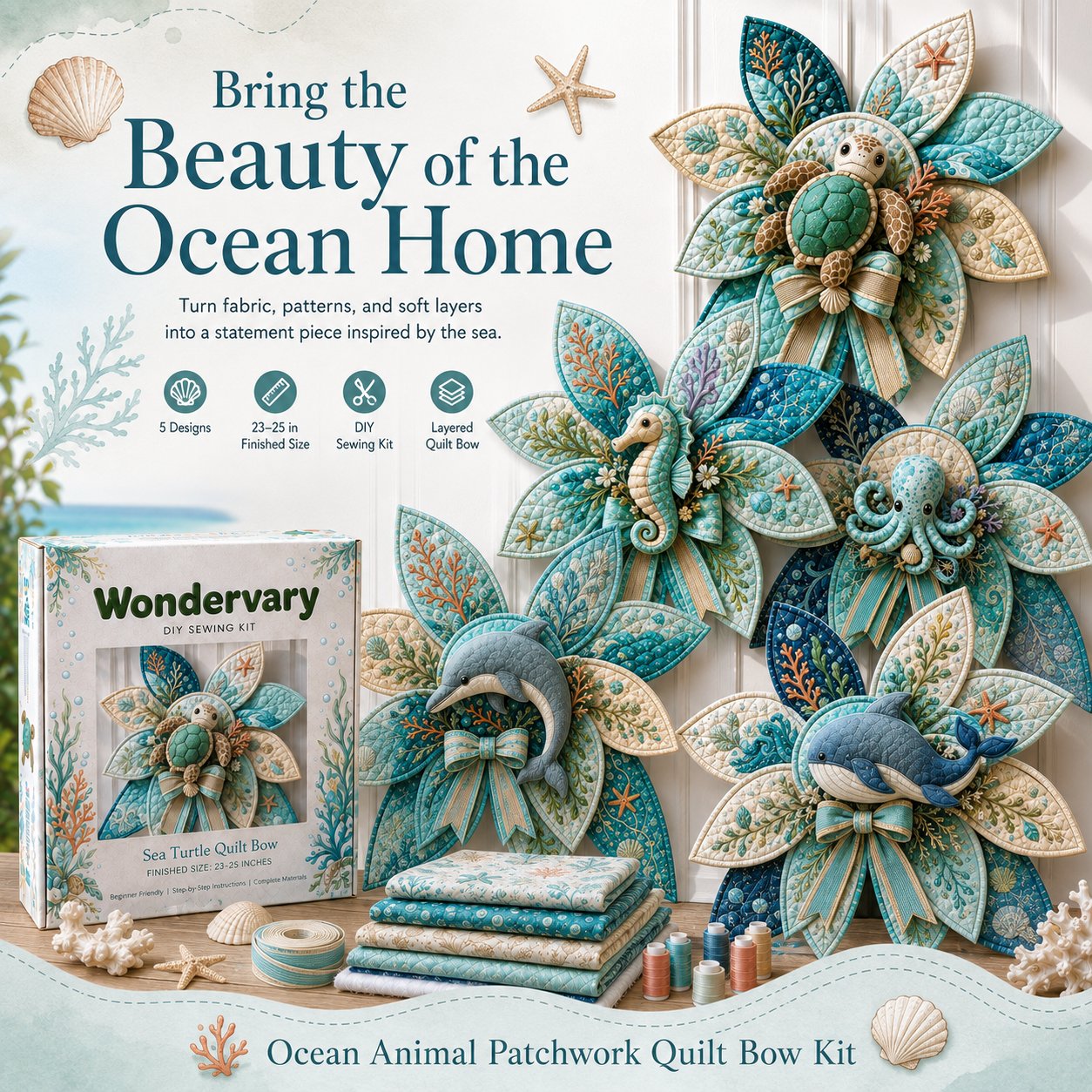 🌊 DIY Ocean Animal Quilted Bow Kit – Large 3D Coastal Door & Wall Décor