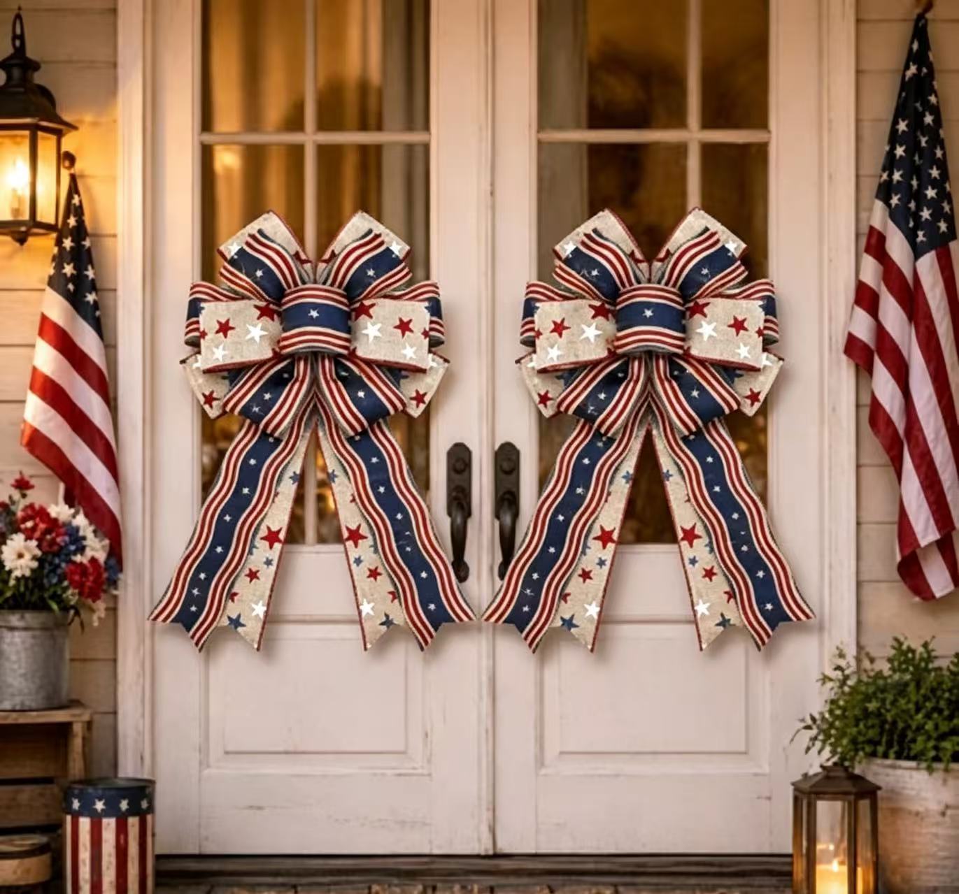 Classic Patriotic Burlap Bow - Rustic American Flag Wreath Decor for Front Doors, Porches & Home Celebration