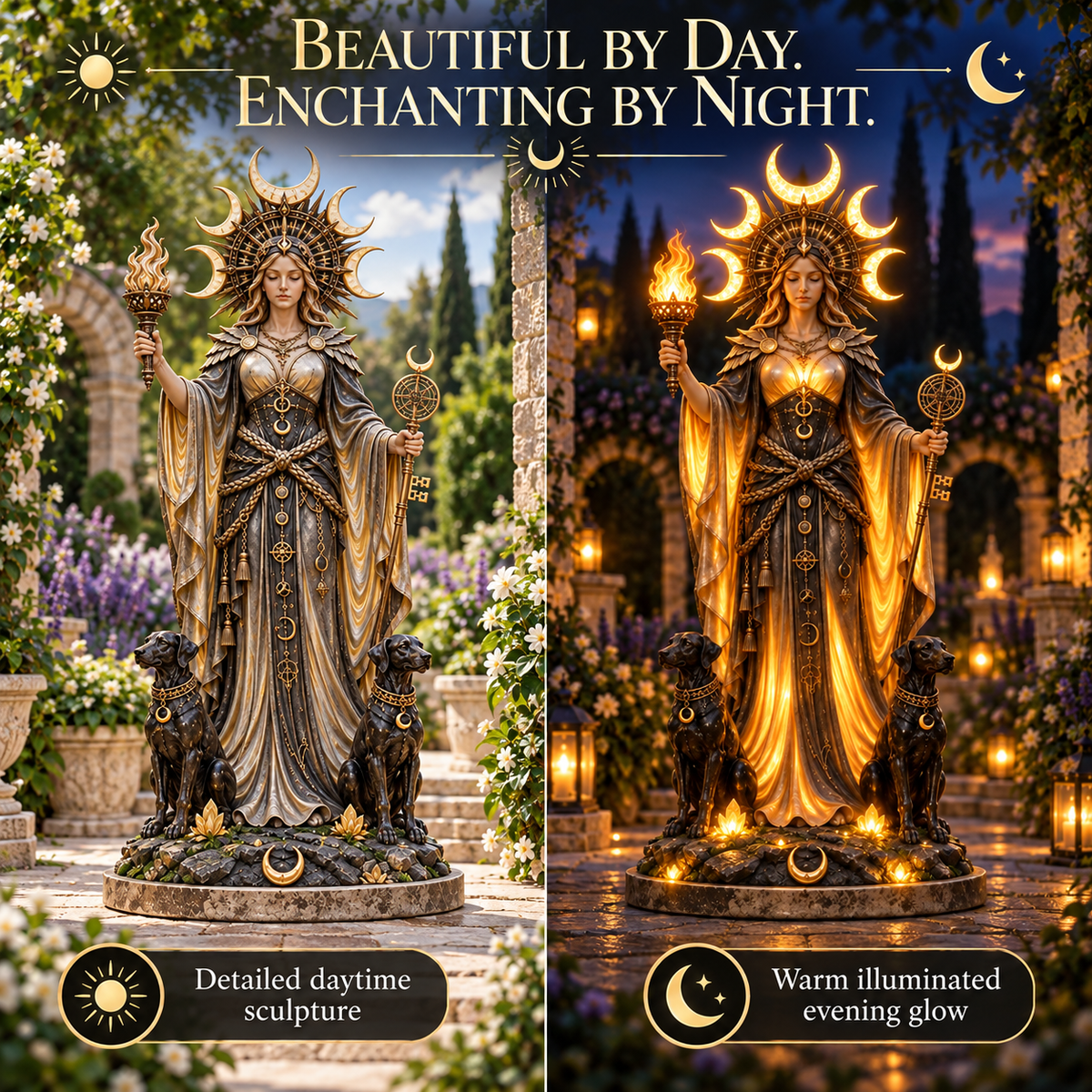 🌙🔥 Hecate Goddess Guardian Statue | Lighted Triple Moon Goddess with Twin Hounds, Torch & Key🎁