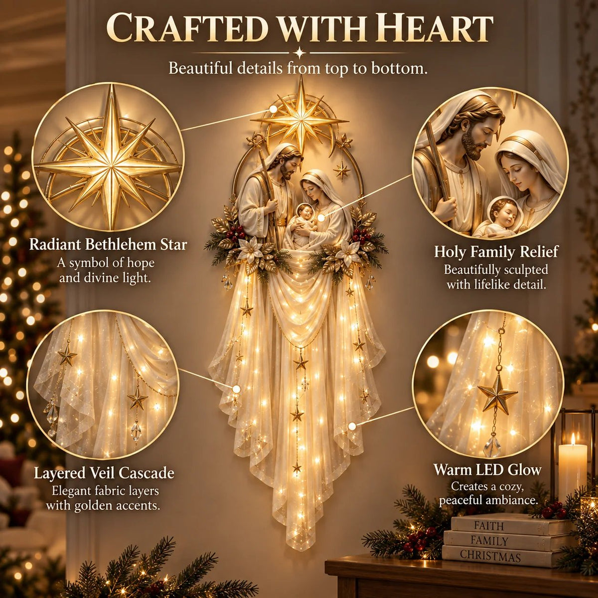 Simple hanging steps for Holy Family Christmas wall decoration