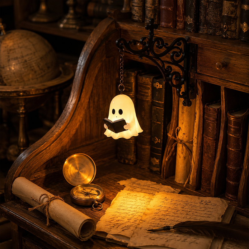Cozy Reading Ghost Bookshelf Lamp – Warm Glow Shelf Decor for Book Lovers