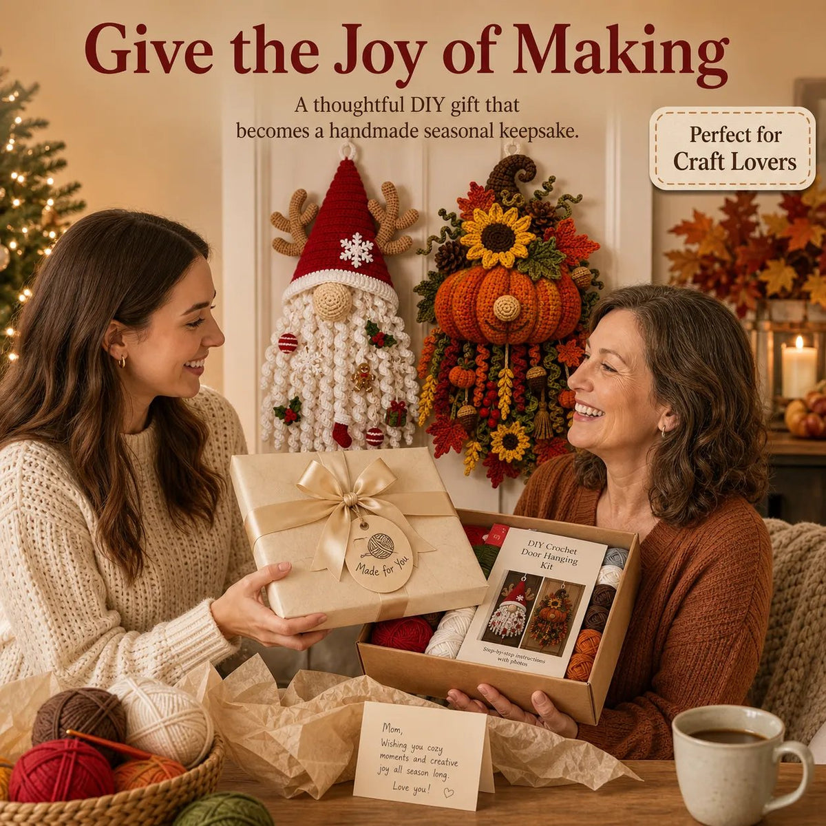 Seasonal crochet door hanger kit contents and materials