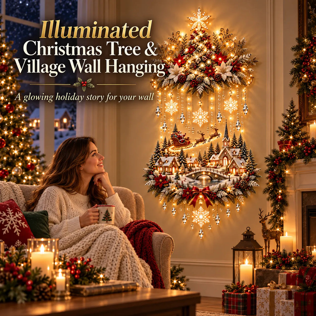🎄✨ Christmas Village Starfall Wall Display – Warm Light Tree & Snowy Holiday Scene