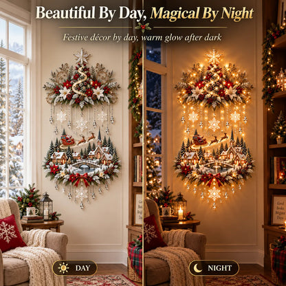🎄✨ Christmas Village Starfall Wall Display – Warm Light Tree & Snowy Holiday Scene
