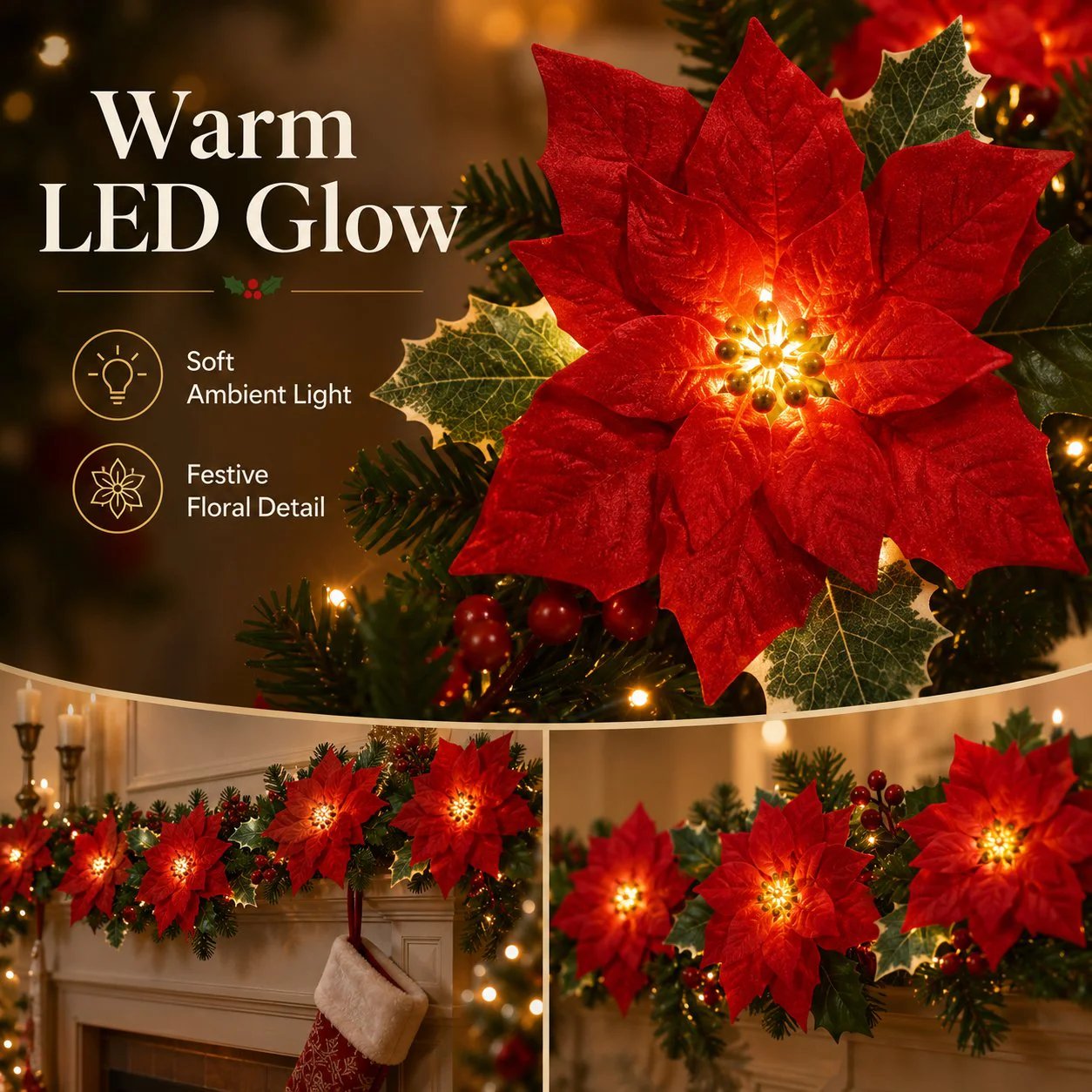 🎉🎁 49% OFF Christmas Gift Decor – Poinsettia LED Garland String Lights