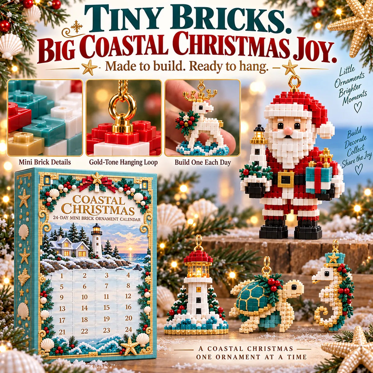 ✨ 🌊 Coastal Christmas 24-Day Mini Brick Ornament Advent Calendar