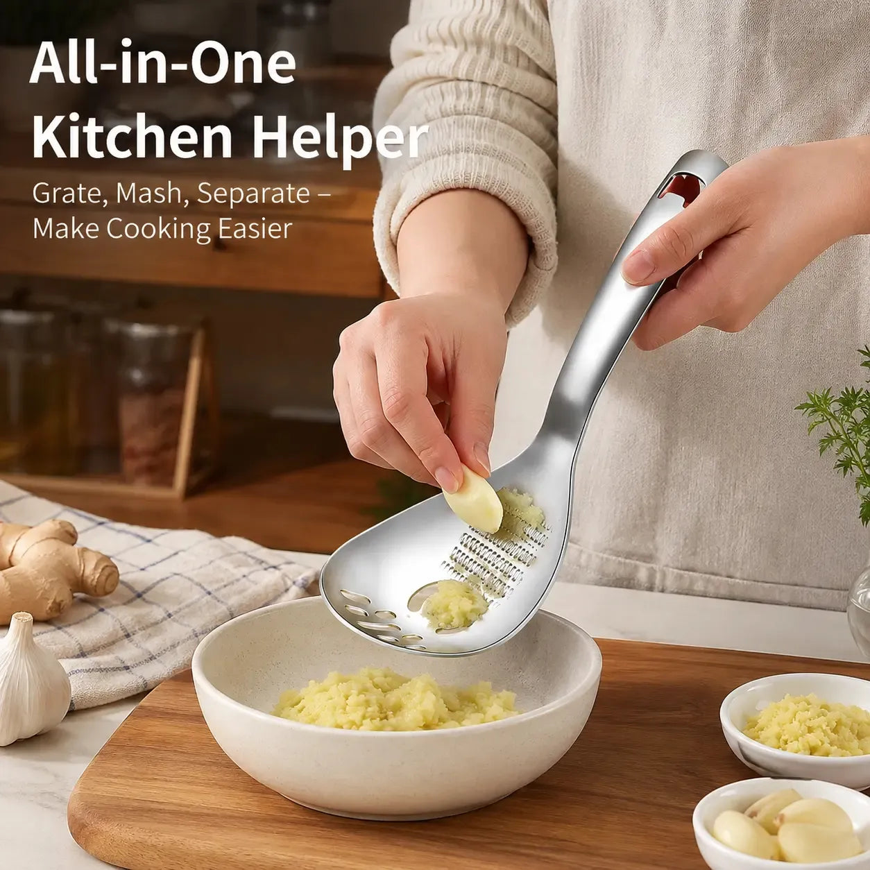 🍳🧄 4-in-1 Stainless Steel Kitchen Prep Spoon – Separate, Grate, Mash & Mix