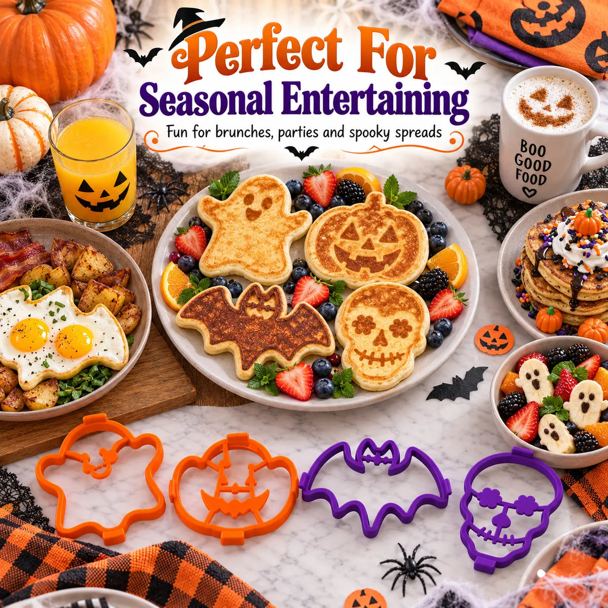🎃🍳 Spooky Breakfast Shape Set – 4 Reusable Molds for Pancakes, Eggs & Halloween Fun