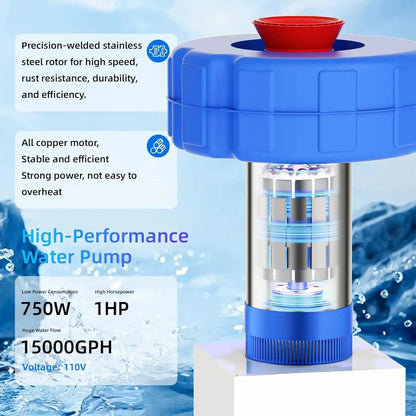 1 HP High-Performance Floating Pond Fountain Aerator – 15,000 GPH Automatic Aeration System for Large Ponds & Lakes