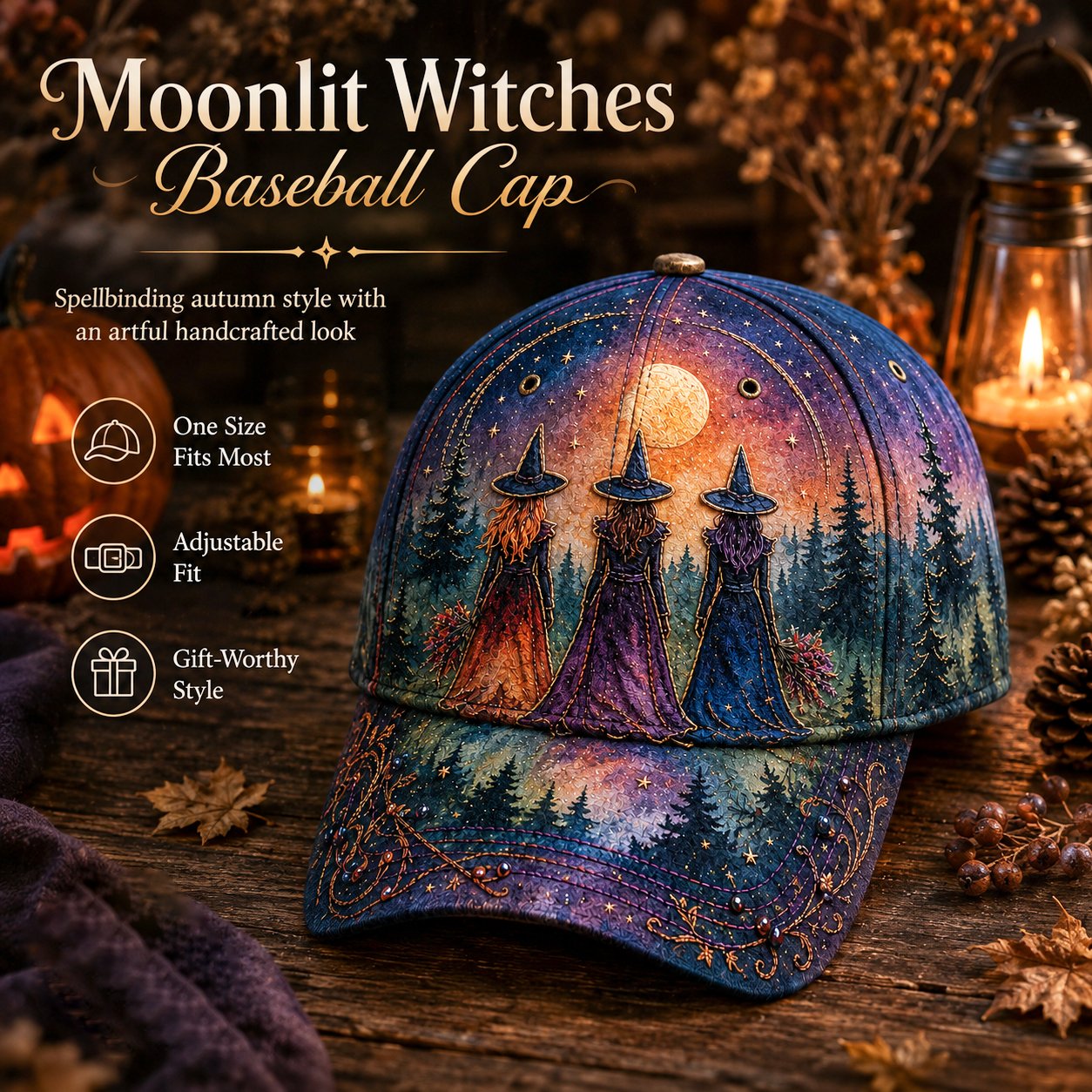 🔥LAST DAY 50% OFF - 🌙 Three Witches Moonlight Baseball Cap – Unisex Memorial Hat🧢 100% Cotton