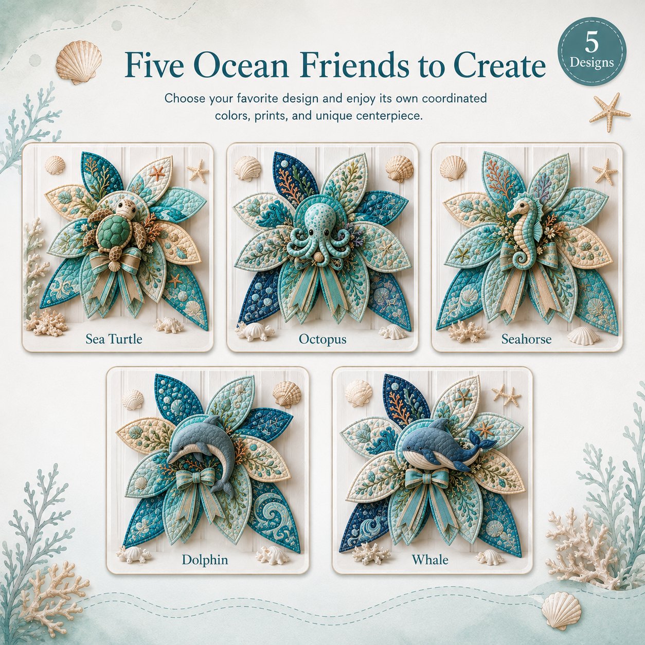 🌊 DIY Ocean Animal Quilted Bow Kit – Large 3D Coastal Door & Wall Décor