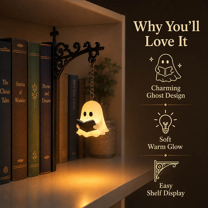 Cozy Reading Ghost Bookshelf Lamp – Warm Glow Shelf Decor for Book Lovers