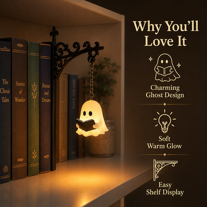 Cozy Reading Ghost Bookshelf Lamp – Warm Glow Shelf Decor for Book Lovers