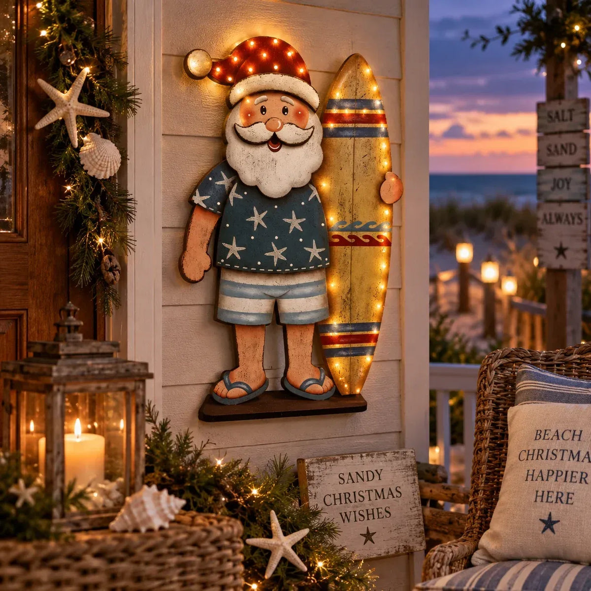 ⏳ Last Day 49% OFF – 🎅🌊 Surfing Santa Christmas Wall Light – Vintage Coastal Holiday Décor with Warm LED Glow & Remote