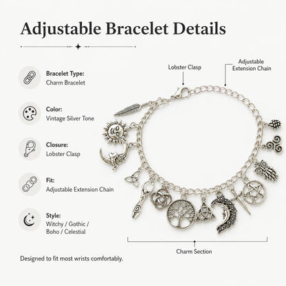 🌙Vintage Witchy Charm Bracelet | Celestial Gothic Boho Jewelry for Women