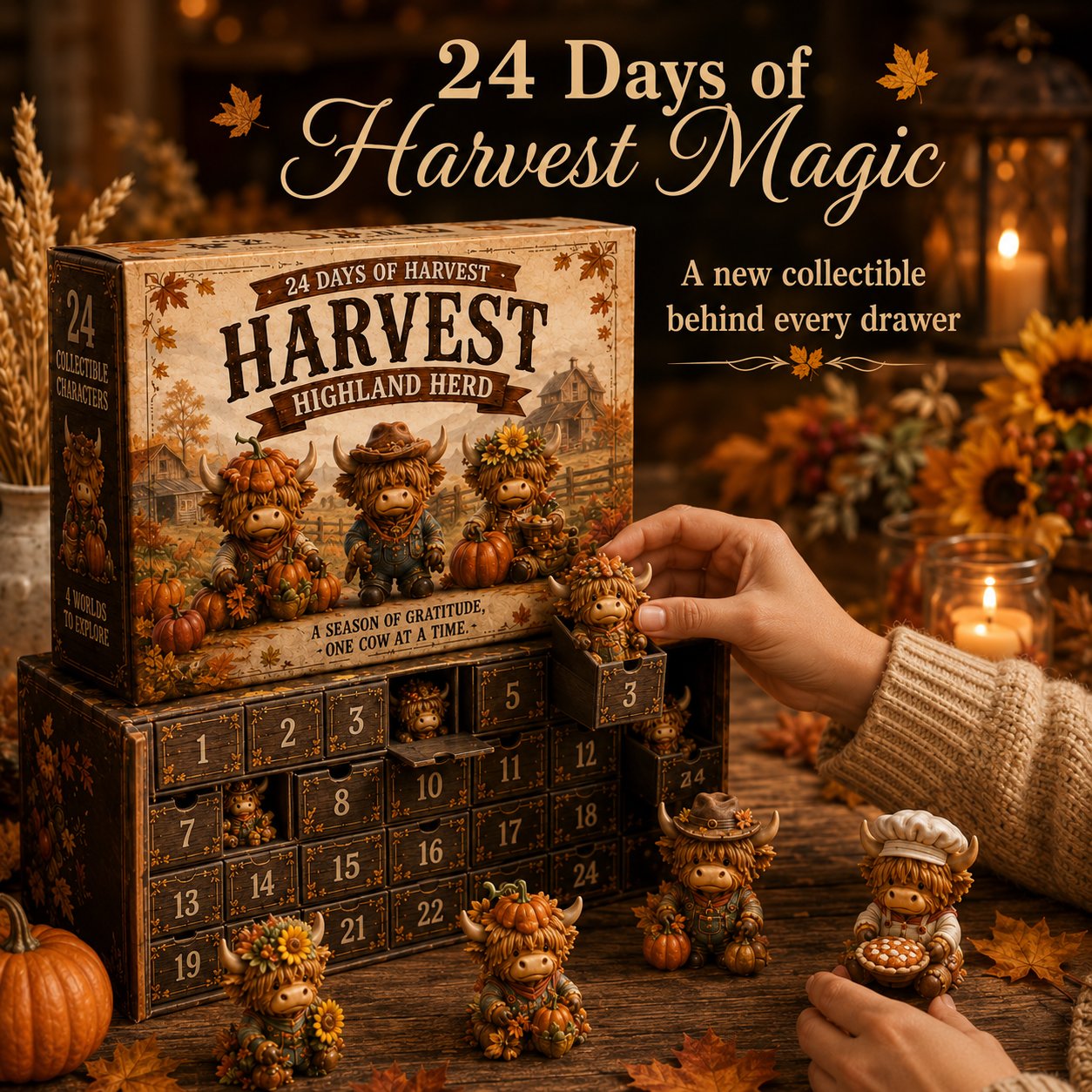 🍂 24-Day Highland Cow Harvest Countdown Calendar Blind Box – 24 Collectible Fall Figurines🐮🎃
