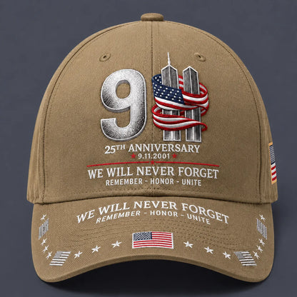 9/11 25th Anniversary We Will Never Forget Embroidered Memorial Baseball Cap – Unisex Patriotic Memorial Hat🧢 100% Cotton