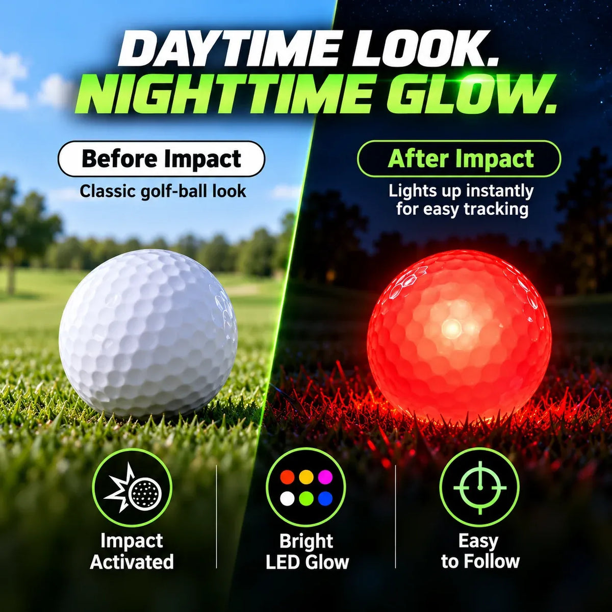 ⛳✨ GlowStrike™ Impact-Activated LED Golf Ball – 6 Brilliant Colors for After-Dark Golf Fun