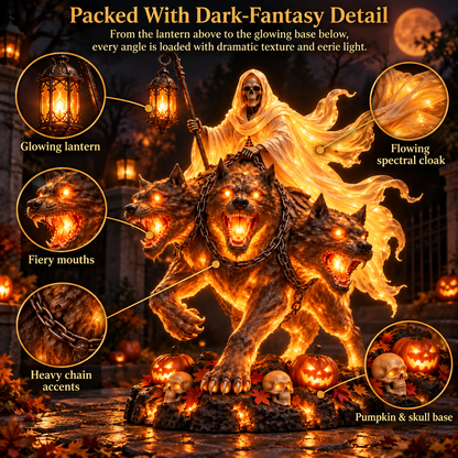 💀🔥 Cerberus Grim Reaper Lighted Statue | Three-Headed Hellhound Halloween Guardian with Lantern