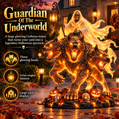 💀🔥 Cerberus Grim Reaper Lighted Statue | Three-Headed Hellhound Halloween Guardian with Lantern