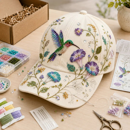 Premium Hummingbird Garden Beaded Hat DIY Kit | DIY Handmade Floral Cap Decor