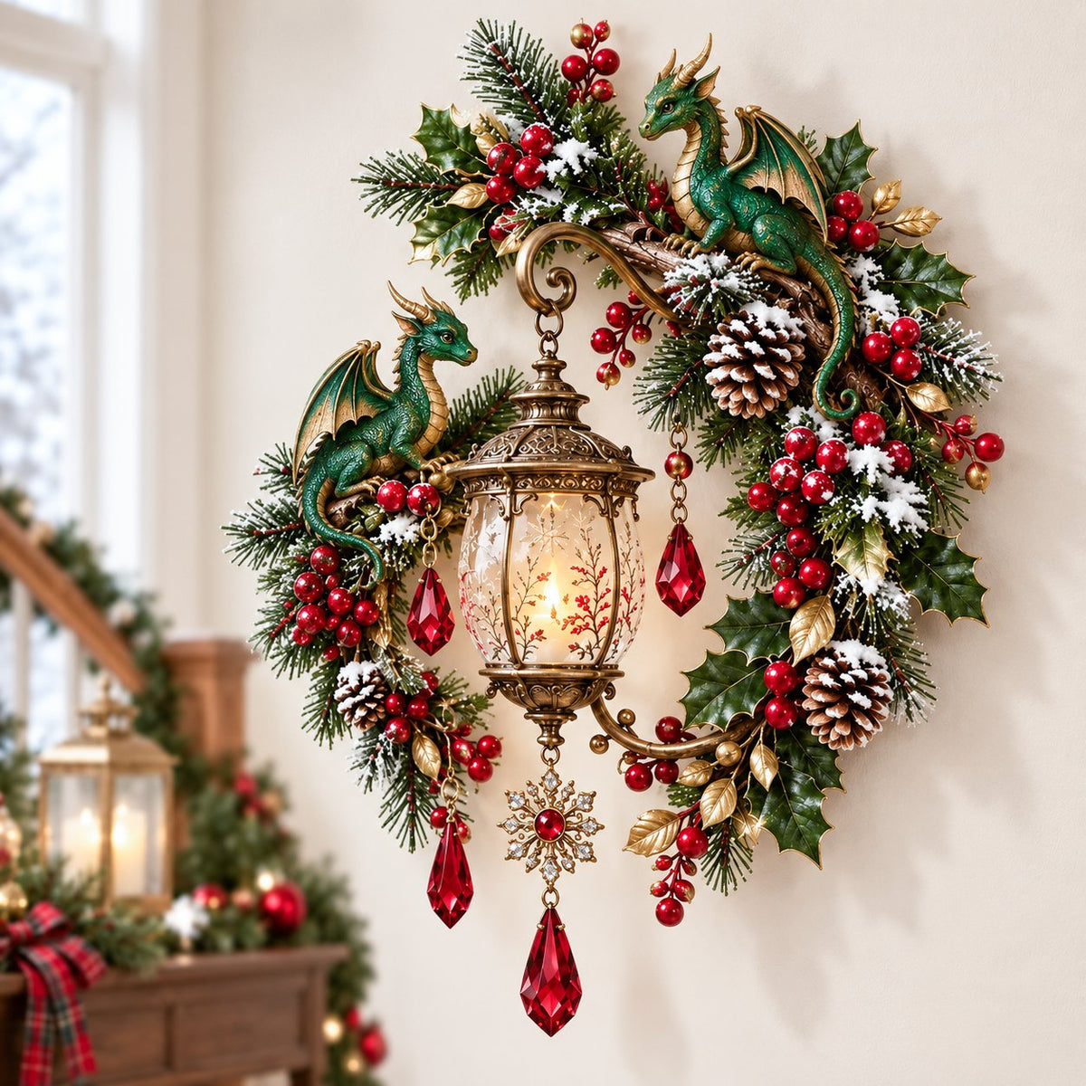 🐉 Christmas Dragon Keeper Lighted Wall Wreath Lamp - A Little Christmas Magic, Guarded by Dragons ✨