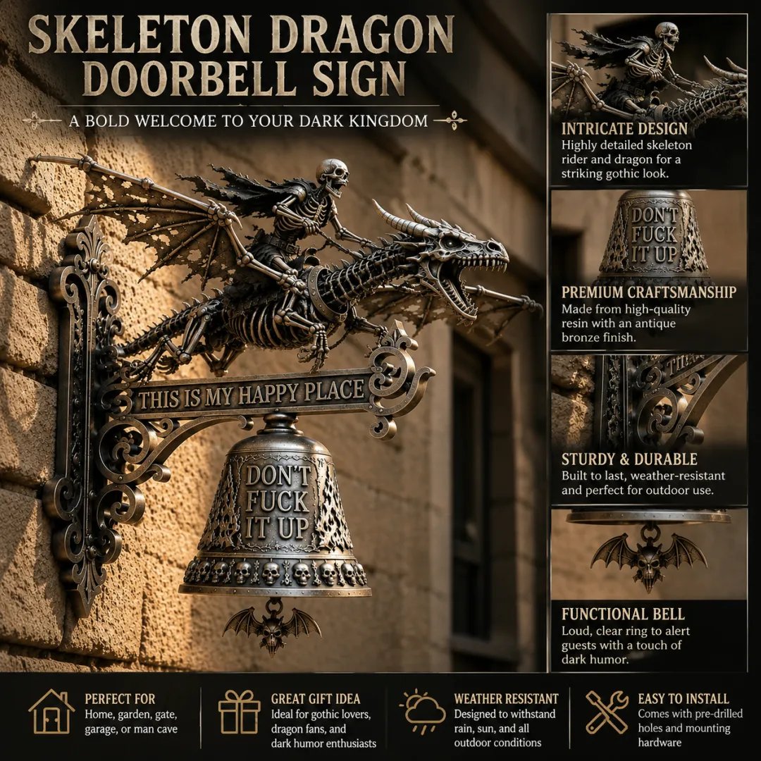 🐉 Skull Dragon Rider Bell – “This Is My Happy Place” Wall Bell